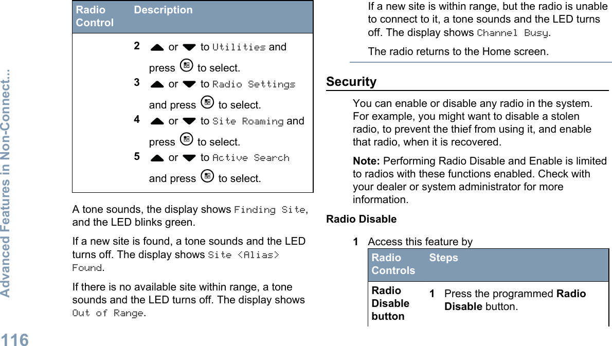 RadioControlDescription2 or   to Utilities andpress   to select.3 or   to Radio Settingsand press   to select.4 or   to Site Roaming andpress   to select.5 or   to Active Searchand press   to select.A tone sounds, the display shows Finding Site,and the LED blinks green.If a new site is found, a tone sounds and the LEDturns off. The display shows Site &lt;Alias&gt;Found.If there is no available site within range, a tonesounds and the LED turns off. The display showsOut of Range.If a new site is within range, but the radio is unableto connect to it, a tone sounds and the LED turnsoff. The display shows Channel Busy.The radio returns to the Home screen.SecurityYou can enable or disable any radio in the system.For example, you might want to disable a stolenradio, to prevent the thief from using it, and enablethat radio, when it is recovered.Note: Performing Radio Disable and Enable is limitedto radios with these functions enabled. Check withyour dealer or system administrator for moreinformation.Radio Disable1Access this feature byRadioControlsStepsRadioDisablebutton1Press the programmed RadioDisable button.Advanced Features in Non-Connect...116English