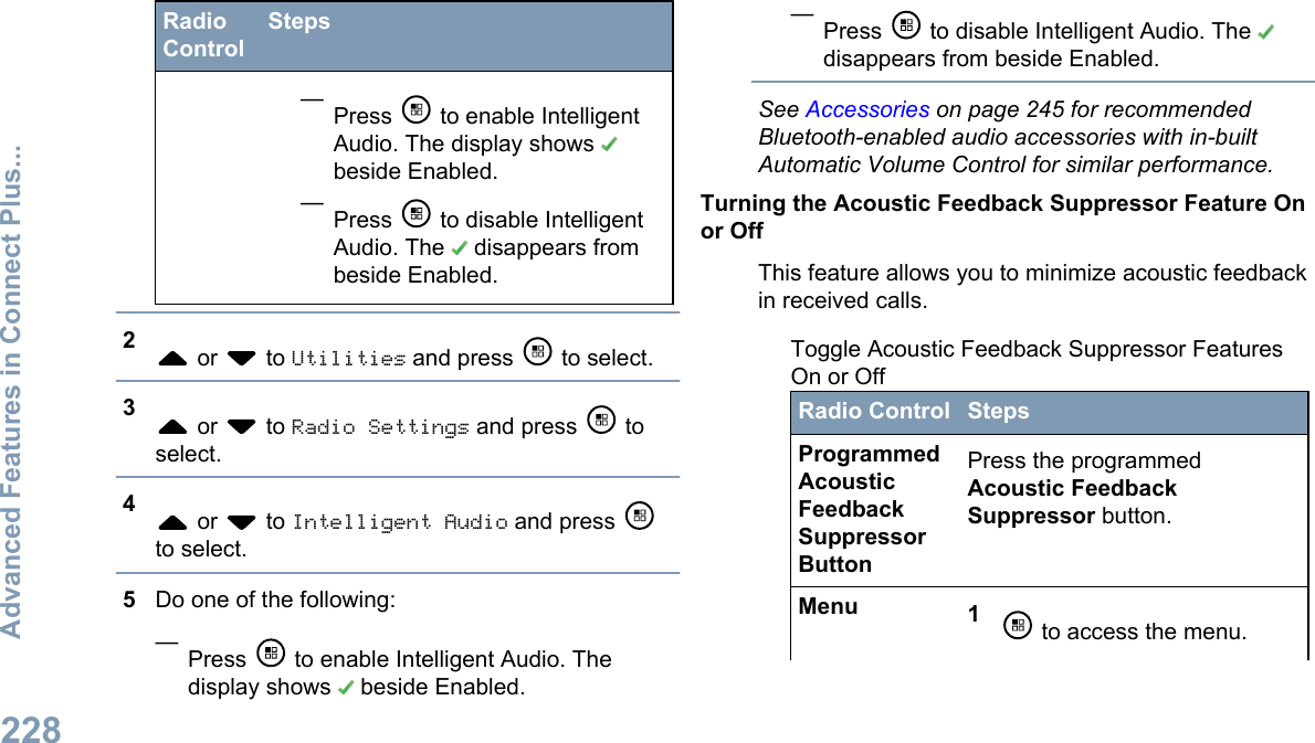 RadioControlSteps—Press   to enable IntelligentAudio. The display shows beside Enabled.—Press   to disable IntelligentAudio. The   disappears frombeside Enabled.2 or   to Utilities and press   to select.3 or   to Radio Settings and press   toselect.4 or   to Intelligent Audio and press to select.5Do one of the following:—Press   to enable Intelligent Audio. Thedisplay shows   beside Enabled.—Press   to disable Intelligent Audio. The disappears from beside Enabled.See Accessories on page 245 for recommendedBluetooth-enabled audio accessories with in-builtAutomatic Volume Control for similar performance.Turning the Acoustic Feedback Suppressor Feature Onor OffThis feature allows you to minimize acoustic feedbackin received calls.Toggle Acoustic Feedback Suppressor FeaturesOn or OffRadio Control StepsProgrammedAcousticFeedbackSuppressorButtonPress the programmedAcoustic FeedbackSuppressor button.Menu 1 to access the menu.Advanced Features in Connect Plus...228English
