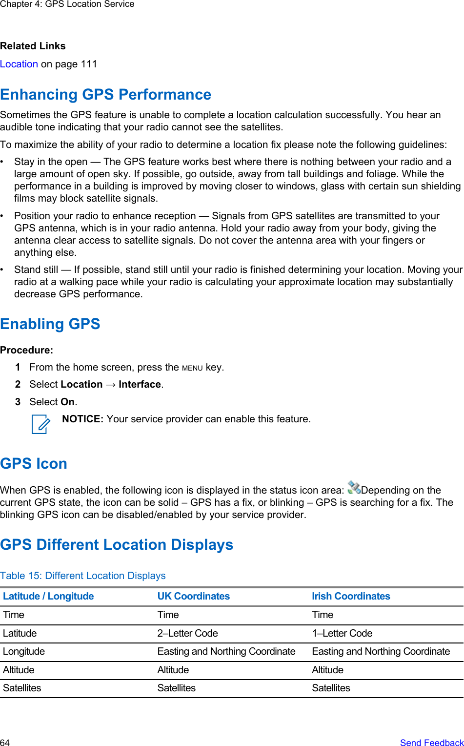 Related LinksLocation on page 111Enhancing GPS PerformanceSometimes the GPS feature is unable to complete a location calculation successfully. You hear anaudible tone indicating that your radio cannot see the satellites.To maximize the ability of your radio to determine a location fix please note the following guidelines:• Stay in the open — The GPS feature works best where there is nothing between your radio and alarge amount of open sky. If possible, go outside, away from tall buildings and foliage. While theperformance in a building is improved by moving closer to windows, glass with certain sun shieldingfilms may block satellite signals.• Position your radio to enhance reception — Signals from GPS satellites are transmitted to yourGPS antenna, which is in your radio antenna. Hold your radio away from your body, giving theantenna clear access to satellite signals. Do not cover the antenna area with your fingers oranything else.• Stand still — If possible, stand still until your radio is finished determining your location. Moving yourradio at a walking pace while your radio is calculating your approximate location may substantiallydecrease GPS performance.Enabling GPSProcedure:1From the home screen, press the MENU key.2Select Location → Interface.3Select On.NOTICE: Your service provider can enable this feature.GPS IconWhen GPS is enabled, the following icon is displayed in the status icon area:  Depending on thecurrent GPS state, the icon can be solid – GPS has a fix, or blinking – GPS is searching for a fix. Theblinking GPS icon can be disabled/enabled by your service provider.GPS Different Location DisplaysTable 15: Different Location DisplaysLatitude / Longitude UK Coordinates Irish CoordinatesTime Time TimeLatitude 2–Letter Code 1–Letter CodeLongitude Easting and Northing Coordinate Easting and Northing CoordinateAltitude Altitude AltitudeSatellites Satellites SatellitesChapter 4: GPS Location Service64   Send Feedback