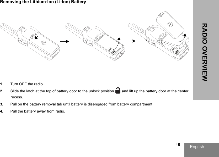 English                                                                                                                                                           15RADIO OVERVIEWRemoving the Lithium-Ion (Li-Ion) Battery1. Turn OFF the radio.2. Slide the latch at the top of battery door to the unlock position   and lift up the battery door at the center recess.3. Pull on the battery removal tab until battery is disengaged from battery compartment.4. Pull the battery away from radio.