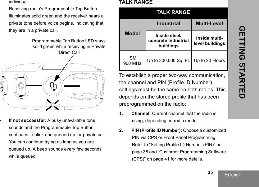 English                                                                                                                                                           35GETTING STARTEDindividual.Receiving radio’s Programmable Top Button illuminates solid green and the receiver hears a private tone before voice begins, indicating that they are in a private call.•If not successful: A busy unavailable tone sounds and the Programmable Top Button continues to blink and queued up for private call. You can continue trying as long as you are queued up. A beep sounds every few seconds while queued.TALK RANGETo establish a proper two-way communication, the channel and PIN (Profile ID Number) settings must be the same on both radios. This depends on the stored profile that has been preprogrammed on the radio:1. Channel: Current channel that the radio is using, depending on radio model.2. PIN (Profile ID Number): Choose a customized PIN via CPS or Front Panel Programming. Refer to “Setting Profile ID Number (PIN)” on page 38 and “Customer Programming Software (CPS)” on page 41 for more details.Programmable Top Button LED stays solid green while receiving in Private Direct CallTALK RANGE ModelIndustrial Multi-LevelInside steel/concrete Industrial buildingsInside multi-level buildingsISM 900 MHz Up to 300,000 Sq. Ft. Up to 20 Floors