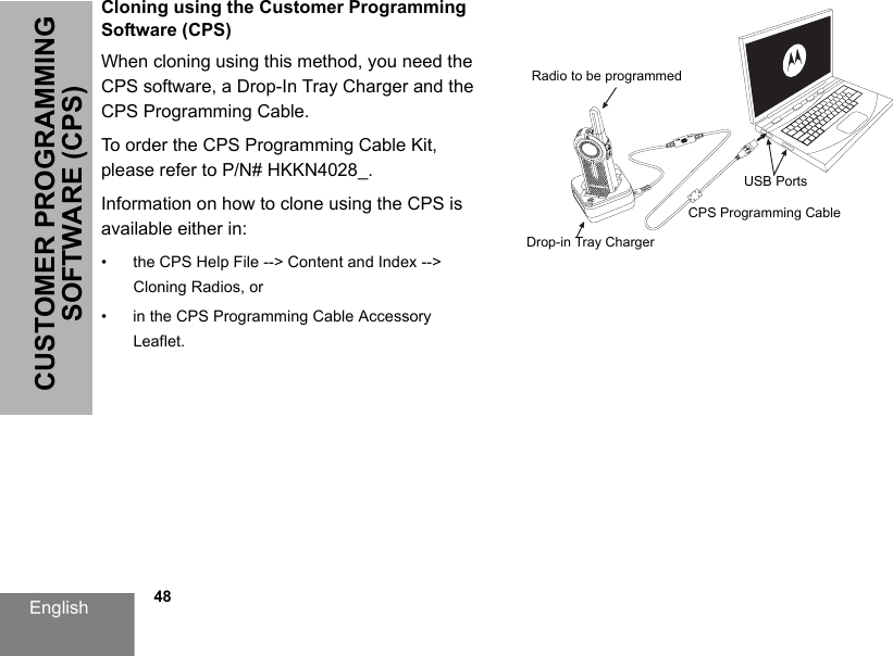 English            48CUSTOMER PROGRAMMING SOFTWARE (CPS)Cloning using the Customer Programming Software (CPS)When cloning using this method, you need the CPS software, a Drop-In Tray Charger and the CPS Programming Cable.To order the CPS Programming Cable Kit, please refer to P/N# HKKN4028_.Information on how to clone using the CPS is available either in:• the CPS Help File --&gt; Content and Index --&gt; Cloning Radios, or• in the CPS Programming Cable Accessory Leaflet.Radio to be programmedDrop-in Tray ChargerUSB PortsCPS Programming Cable