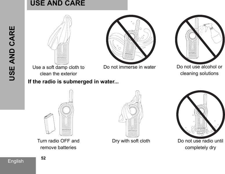 English            52USE AND CAREIf the radio is submerged in water...Turn radio OFF and remove batteriesUSE AND CAREUse a soft damp cloth to clean the exteriorDo not immerse in water Do not use alcohol or cleaning solutionsDry with soft cloth Do not use radio untilcompletely dry