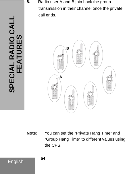 English            54SPECIAL RADIO CALL FEATURES8. Radio user A and B join back the group transmission in their channel once the private call ends.Note: You can set the “Private Hang Time” and “Group Hang Time” to different values using the CPS.AB