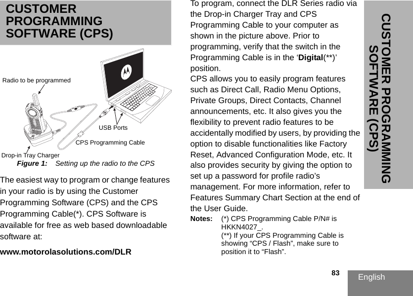 English                                                                                                                                                           83CUSTOMER PROGRAMMING SOFTWARE (CPS)CUSTOMER PROGRAMMING SOFTWARE (CPS)Figure 1:    Setting up the radio to the CPSThe easiest way to program or change features in your radio is by using the Customer Programming Software (CPS) and the CPS Programming Cable(*). CPS Software is available for free as web based downloadable software at:www.motorolasolutions.com/DLRTo program, connect the DLR Series radio via the Drop-in Charger Tray and CPS Programming Cable to your computer as shown in the picture above. Prior to programming, verify that the switch in the Programming Cable is in the ‘Digital(**)’ position.CPS allows you to easily program features such as Direct Call, Radio Menu Options, Private Groups, Direct Contacts, Channel announcements, etc. It also gives you the flexibility to prevent radio features to be accidentally modified by users, by providing the option to disable functionalities like Factory Reset, Advanced Configuration Mode, etc. It also provides security by giving the option to set up a password for profile radio’s management. For more information, refer to Features Summary Chart Section at the end of the User Guide.Notes: (*) CPS Programming Cable P/N# is HKKN4027_.(**) If your CPS Programming Cable is showing “CPS / Flash”, make sure to position it to “Flash”.Radio to be programmedDrop-in Tray ChargerUSB PortsCPS Programming Cable