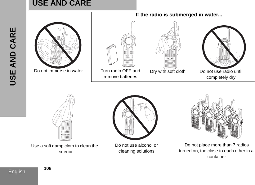 English            108USE AND CAREIf the radio is submerged in water...Turn radio OFF and remove batteries Dry with soft clothUse a soft damp cloth to clean the exteriorDo not use alcohol or cleaning solutionsDo not use radio untilcompletely dryDo not place more than 7 radios turned on, too close to each other in a containerUSE AND CAREDo not immerse in water