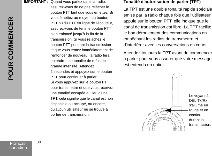 Français canadien            30POUR COMMENCERIMPORTANT : Quand vous parlez dans la radio, assurez-vous de ne pas relâcher le bouton PTT tant que vous émettez. Si vous émettez au moyen du bouton PTT ou du PTT en ligne de l&apos;écouteur, assurez-vous de tenir le bouton PTT bien enfoncé jusqu&apos;à la fin de la transmission. Si vous relâchez le bouton PTT pendant la transmission et que vous tentez immédiatement de l&apos;enfoncer de nouveau, la radio fera entendre une tonalité de refus de grande intensité. Attendez 2 secondes et appuyez sur le bouton PTT pour continuer à parler.Si vous appuyez sur le bouton PTT pour transmettre et que vous recevez une tonalité occupée au lieu d&apos;une TPT, cela signifie que le canal est non disponible ou occupé, ou encore, qu&apos;aucun utilisateur ne se trouve à portée de transmission.Tonalité d&apos;autorisation de parler (TPT)La TPT est une double tonalité rapide spéciale émise par la radio chaque fois que l&apos;utilisateur appuie sur le bouton PTT; elle indique que le canal de transmission est libre. La TPT facilite le bon déroulement des communications en empêchant les radios de transmettre et d&apos;interférer avec les conversations en cours.Attendez toujours la TPT avant de commencer à parler pour vous assurer que votre message est entendu en entier.Le voyant à DEL Tx/Rx s&apos;allume en rouge et en continu durant la transmission.