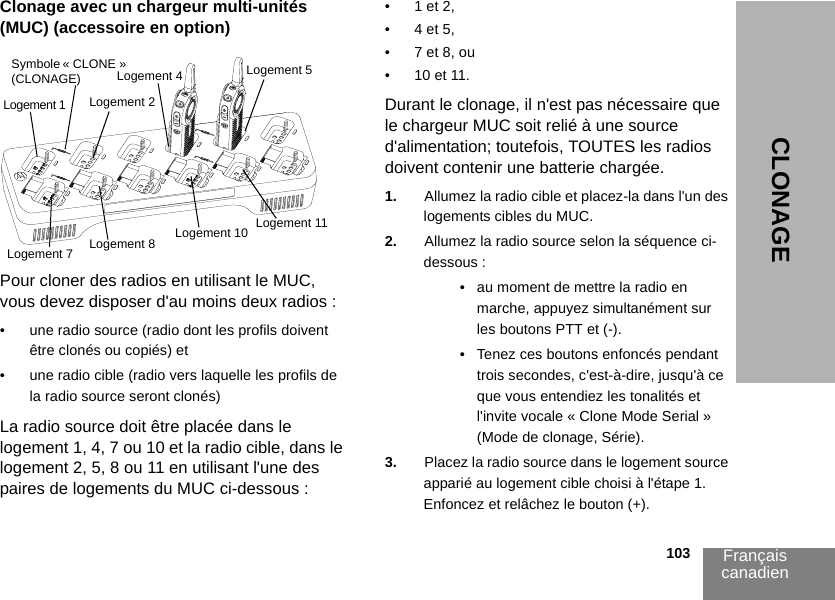 Français canadien                                                                                                                                                           103CLONAGEClonage avec un chargeur multi-unités (MUC) (accessoire en option)Pour cloner des radios en utilisant le MUC, vous devez disposer d&apos;au moins deux radios :• une radio source (radio dont les profils doivent être clonés ou copiés) et• une radio cible (radio vers laquelle les profils de la radio source seront clonés) La radio source doit être placée dans le logement 1, 4, 7 ou 10 et la radio cible, dans le logement 2, 5, 8 ou 11 en utilisant l&apos;une des paires de logements du MUC ci-dessous : • 1 et 2, • 4 et 5,• 7 et 8, ou• 10 et 11.Durant le clonage, il n&apos;est pas nécessaire que le chargeur MUC soit relié à une source d&apos;alimentation; toutefois, TOUTES les radios doivent contenir une batterie chargée. 1. Allumez la radio cible et placez-la dans l&apos;un des logements cibles du MUC.2. Allumez la radio source selon la séquence ci-dessous :•   au moment de mettre la radio en marche, appuyez simultanément sur les boutons PTT et (-).•   Tenez ces boutons enfoncés pendant trois secondes, c&apos;est-à-dire, jusqu&apos;à ce que vous entendiez les tonalités et l&apos;invite vocale « Clone Mode Serial » (Mode de clonage, Série).3. Placez la radio source dans le logement source apparié au logement cible choisi à l&apos;étape 1. Enfoncez et relâchez le bouton (+).Logement 1 Logement 2Logement 11Logement 10Symbole « CLONE » (CLONAGE) Logement 5Logement 8Logement 7Logement 4