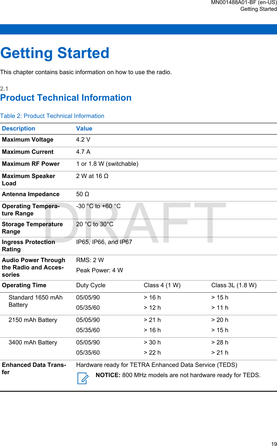 Getting StartedThis chapter contains basic information on how to use the radio.2.1Product Technical InformationTable 2: Product Technical InformationDescription ValueMaximum Voltage 4.2 VMaximum Current 4.7 AMaximum RF Power 1 or 1.8 W (switchable)Maximum SpeakerLoad2 W at 16 ΩAntenna Impedance 50 ΩOperating Tempera-ture Range-30 °C to +60 °CStorage TemperatureRange20 °C to 30°CIngress ProtectionRatingIP65, IP66, and IP67Audio Power Throughthe Radio and Acces-soriesRMS: 2 WPeak Power: 4 WOperating Time Duty Cycle Class 4 (1 W) Class 3L (1.8 W)Standard 1650 mAhBattery05/05/9005/35/60&gt; 16 h&gt; 12 h&gt; 15 h&gt; 11 h2150 mAh Battery 05/05/9005/35/60&gt; 21 h&gt; 16 h&gt; 20 h&gt; 15 h3400 mAh Battery 05/05/9005/35/60&gt; 30 h&gt; 22 h&gt; 28 h&gt; 21 hEnhanced Data Trans-ferHardware ready for TETRA Enhanced Data Service (TEDS)NOTICE: 800 MHz models are not hardware ready for TEDS.MN001488A01-BF (en-US)Getting Started  19DRAFT