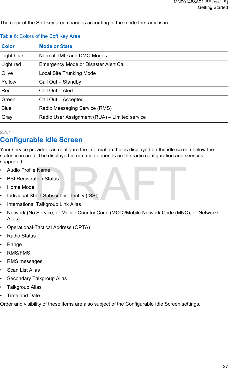 The color of the Soft key area changes according to the mode the radio is in.Table 6: Colors of the Soft Key AreaColor Mode or StateLight blue Normal TMO and DMO ModesLight red Emergency Mode or Disaster Alert CallOlive Local Site Trunking ModeYellow Call Out – StandbyRed Call Out – AlertGreen Call Out – AcceptedBlue Radio Messaging Service (RMS)Gray Radio User Assignment (RUA) – Limited service2.4.1Configurable Idle ScreenYour service provider can configure the information that is displayed on the idle screen below thestatus icon area. The displayed information depends on the radio configuration and servicessupported.•Audio Profile Name• BSI Registration Status• Home Mode• Individual Short Subscriber Identity (ISSI)• International Talkgroup Link Alias• Network (No Service, or Mobile Country Code (MCC)/Mobile Network Code (MNC), or NetworksAlias)• Operational-Tactical Address (OPTA)• Radio Status• Range• RMS/FMS• RMS messages• Scan List Alias• Secondary Talkgroup Alias• Talkgroup Alias• Time and DateOrder and visibility of these items are also subject of the Configurable Idle Screen settings.MN001488A01-BF (en-US)Getting Started  27DRAFT