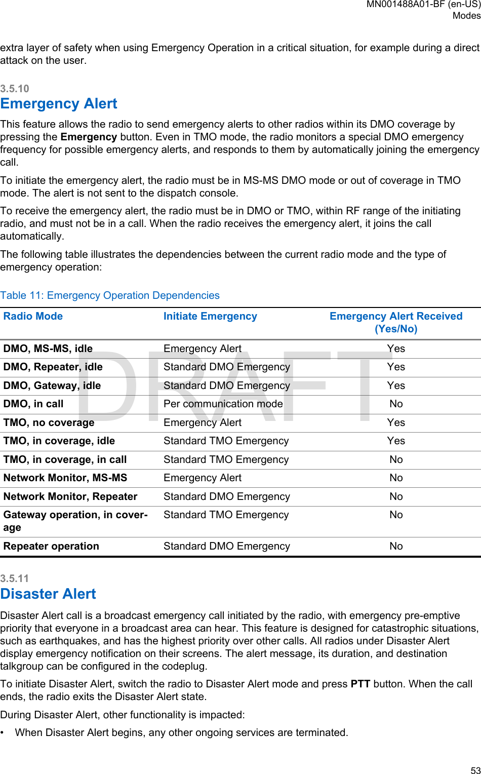 extra layer of safety when using Emergency Operation in a critical situation, for example during a directattack on the user.3.5.10Emergency AlertThis feature allows the radio to send emergency alerts to other radios within its DMO coverage bypressing the Emergency button. Even in TMO mode, the radio monitors a special DMO emergencyfrequency for possible emergency alerts, and responds to them by automatically joining the emergencycall.To initiate the emergency alert, the radio must be in MS-MS DMO mode or out of coverage in TMOmode. The alert is not sent to the dispatch console.To receive the emergency alert, the radio must be in DMO or TMO, within RF range of the initiatingradio, and must not be in a call. When the radio receives the emergency alert, it joins the callautomatically.The following table illustrates the dependencies between the current radio mode and the type ofemergency operation:Table 11: Emergency Operation DependenciesRadio Mode Initiate Emergency Emergency Alert Received(Yes/No)DMO, MS-MS, idle Emergency Alert YesDMO, Repeater, idle Standard DMO Emergency YesDMO, Gateway, idle Standard DMO Emergency YesDMO, in call Per communication mode NoTMO, no coverage Emergency Alert YesTMO, in coverage, idle Standard TMO Emergency YesTMO, in coverage, in call Standard TMO Emergency NoNetwork Monitor, MS-MS Emergency Alert NoNetwork Monitor, Repeater Standard DMO Emergency NoGateway operation, in cover-ageStandard TMO Emergency NoRepeater operation Standard DMO Emergency No3.5.11Disaster AlertDisaster Alert call is a broadcast emergency call initiated by the radio, with emergency pre-emptivepriority that everyone in a broadcast area can hear. This feature is designed for catastrophic situations,such as earthquakes, and has the highest priority over other calls. All radios under Disaster Alertdisplay emergency notification on their screens. The alert message, its duration, and destinationtalkgroup can be configured in the codeplug.To initiate Disaster Alert, switch the radio to Disaster Alert mode and press PTT button. When the callends, the radio exits the Disaster Alert state.During Disaster Alert, other functionality is impacted:•When Disaster Alert begins, any other ongoing services are terminated.MN001488A01-BF (en-US)Modes  53DRAFT