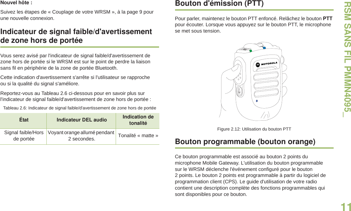 RSM SANS FIL PMMN4095_11Français canadienNouvel hôte :Suivez les étapes de « Couplage de votre WRSM », à la page 9 pour une nouvelle connexion.Indicateur de signal faible/d&apos;avertissement de zone hors de portéeVous serez avisé par l&apos;indicateur de signal faible/d&apos;avertissement de zone hors de portée si le WRSM est sur le point de perdre la liaison sans fil en périphérie de la zone de portée Bluetooth. Cette indication d&apos;avertissement s&apos;arrête si l&apos;utilisateur se rapproche ou si la qualité du signal s&apos;améliore.Reportez-vous au Tableau 2.6 ci-dessous pour en savoir plus sur l&apos;indicateur de signal faible/d&apos;avertissement de zone hors de portée :Bouton d&apos;émission (PTT)Pour parler, maintenez le bouton PTT enfoncé. Relâchez le bouton PTTpour écouter. Lorsque vous appuyez sur le bouton PTT, le microphone se met sous tension.Figure 2.12: Utilisation du bouton PTTBouton programmable (bouton orange)Ce bouton programmable est associé au bouton 2 points du microphone Mobile Gateway. L&apos;utilisation du bouton programmable sur le WRSM déclenche l&apos;événement configuré pour le bouton 2 points. Le bouton 2 points est programmable à partir du logiciel de programmation client (CPS). Le guide d&apos;utilisation de votre radio contient une description complète des fonctions programmables qui sont disponibles pour ce bouton. Tableau 2.6: Indicateur de signal faible/d&apos;avertissement de zone hors de portéeÉtat Indicateur DEL audio Indication de tonalitéSignal faible/Hors  de portéeVoyant orange allumé pendant  2 secondes. Tonalité « matte »