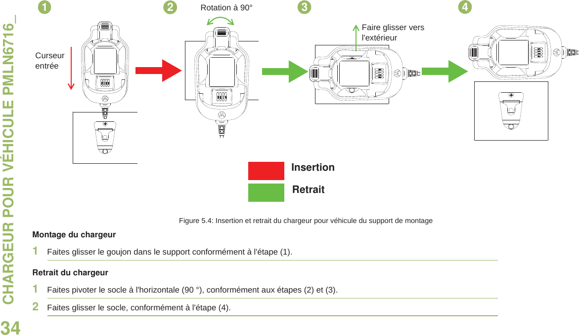 CHARGEUR POUR VÉHICULE PMLN6716_34Français canadienFigure 5.4: Insertion et retrait du chargeur pour véhicule du support de montageMontage du chargeur1Faites glisser le goujon dans le support conformément à l&apos;étape (1).Retrait du chargeur1Faites pivoter le socle à l&apos;horizontale (90 °), conformément aux étapes (2) et (3).2Faites glisser le socle, conformément à l&apos;étape (4).InsertionRetraitFaire glisser vers l&apos;extérieurCurseurentréeRotation à 90°1234