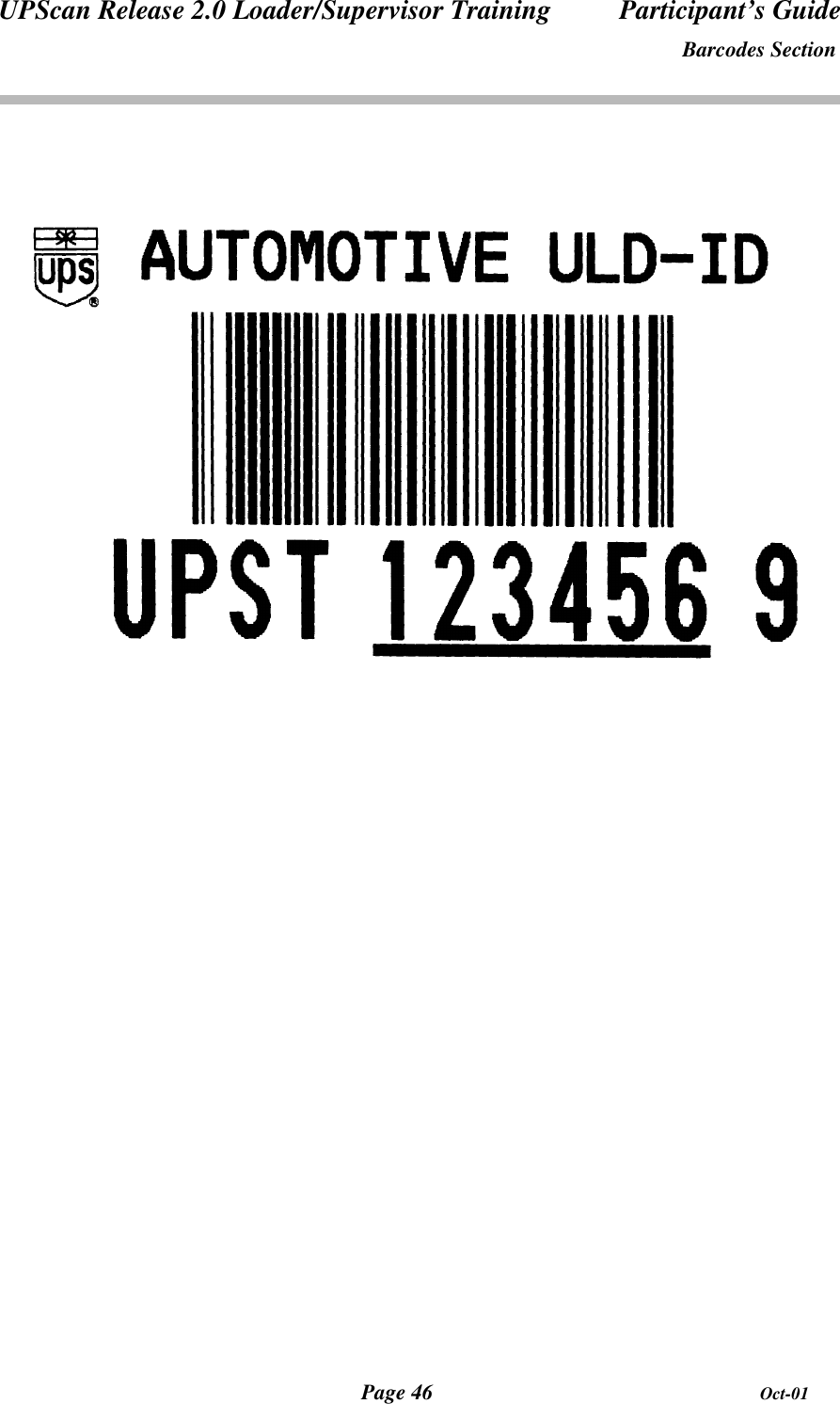 UPScan Release 2.0 Loader/Supervisor Training Participant’s GuideBarcodes SectionPage 46 Oct-01