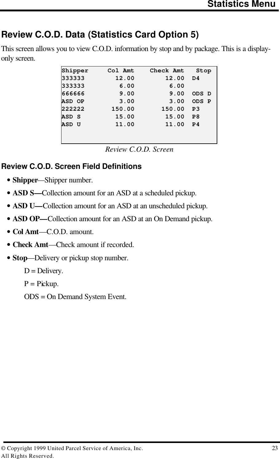                                                                                       Statistics Menu© Copyright 1999 United Parcel Service of America, Inc.  23All Rights Reserved.Review C.O.D. Data (Statistics Card Option 5)This screen allows you to view C.O.D. information by stop and by package. This is a display-only screen.Shipper     Col Amt    Check Amt   Stop333333        12.00        12.00  D4333333         6.00         6.00666666         9.00         9.00  ODS DASD OP         3.00         3.00  ODS P222222       150.00       150.00  P3ASD S         15.00        15.00  P8ASD U         11.00        11.00  P4Review C.O.D. ScreenReview C.O.D. Screen Field Definitions• Shipper—Shipper number.• ASD S—Collection amount for an ASD at a scheduled pickup.• ASD U—Collection amount for an ASD at an unscheduled pickup.• ASD OP—Collection amount for an ASD at an On Demand pickup.• Col Amt—C.O.D. amount.• Check Amt—Check amount if recorded.• Stop—Delivery or pickup stop number.        D = Delivery.        P = Pickup. ODS = On Demand System Event.