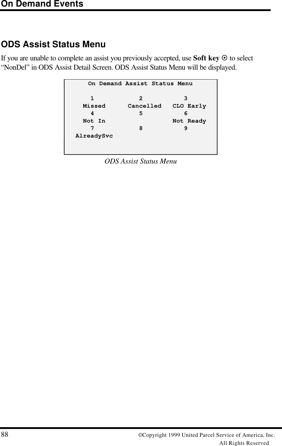On Demand Events88 Copyright 1999 United Parcel Service of America, Inc.All Rights ReservedODS Assist Status MenuIf you are unable to complete an assist you previously accepted, use Soft key ¤ to select“NonDel” in ODS Assist Detail Screen. ODS Assist Status Menu will be displayed.On Demand Assist Status Menu       1            2           3     Missed      Cancelled   CLO Early       4            5           6     Not In                  Not Ready       7            8           9   AlreadySvcODS Assist Status Menu