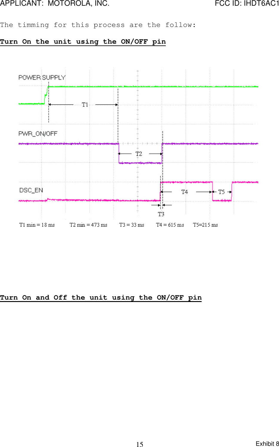 APPLICANT:  MOTOROLA, INC. FCC ID: IHDT6AC1Exhibit 815The timming for this process are the follow:Turn On the unit using the ON/OFF pinTurn On and Off the unit using the ON/OFF pin