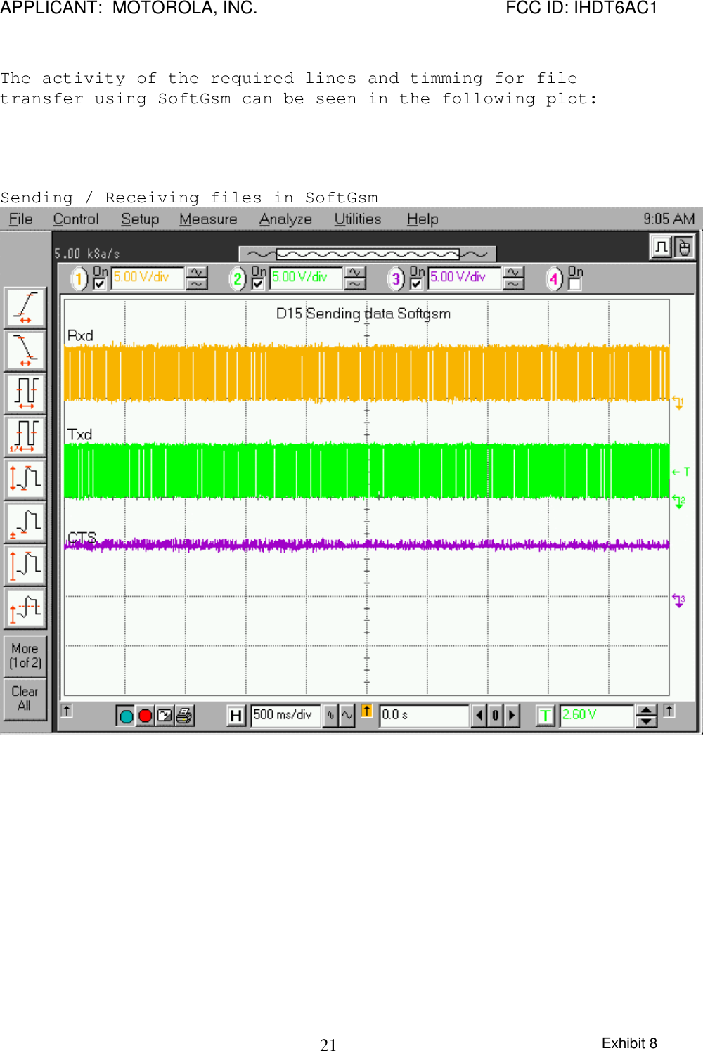 APPLICANT:  MOTOROLA, INC. FCC ID: IHDT6AC1Exhibit 821The activity of the required lines and timming for filetransfer using SoftGsm can be seen in the following plot:Sending / Receiving files in SoftGsm