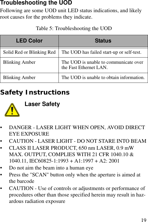 19Troubleshooting the UODFollowing are some UOD unit LED status indications, and likely root causes for the problems they indicate.Safety Instructions• DANGER - LASER LIGHT WHEN OPEN, AVOID DIRECT EYE EXPOSURE• CAUTION - LASER LIGHT - DO NOT STARE INTO BEAM• CLASS II LASER PRODUCT, 650 nm LASER, 0.9 mW MAX. OUTPUT, COMPLIES WITH 21 CFR 1040.10 &amp; 1040.11, IEC60825-1:1993 + A1:1997 + A2: 2001• Do not aim the beam into a human eye• Press the &quot;SCAN&quot; button only when the aperture is aimed at the barcode• CAUTION - Use of controls or adjustments or performance of procedures other than those specified herein may result in haz-ardous radiation exposureTable 5: Troubleshooting the UODLED Color StatusSolid Red or Blinking Red The UOD has failed start-up or self-test.Blinking Amber The UOD is unable to communicate over the Fast Ethernet LAN.Blinking Amber The UOD is unable to obtain information.Laser Safety