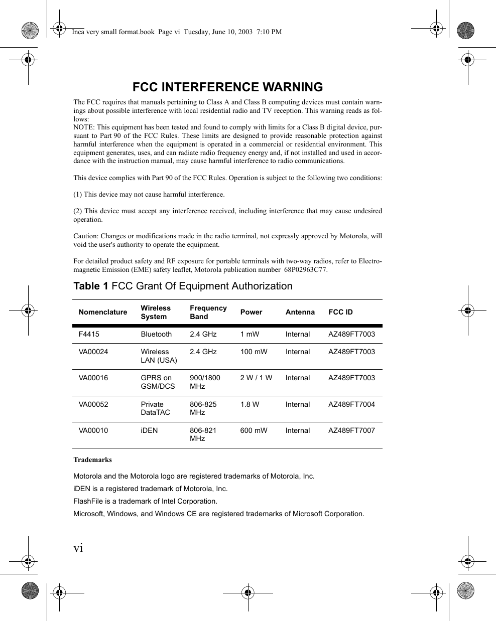 viFCC INTERFERENCE WARNINGThe FCC requires that manuals pertaining to Class A and Class B computing devices must contain warn-ings about possible interference with local residential radio and TV reception. This warning reads as fol-lows:NOTE: This equipment has been tested and found to comply with limits for a Class B digital device, pur-suant to Part 90 of the FCC Rules. These limits are designed to provide reasonable protection againstharmful interference when the equipment is operated in a commercial or residential environment. Thisequipment generates, uses, and can radiate radio frequency energy and, if not installed and used in accor-dance with the instruction manual, may cause harmful interference to radio communications. This device complies with Part 90 of the FCC Rules. Operation is subject to the following two conditions:(1) This device may not cause harmful interference.(2) This device must accept any interference received, including interference that may cause undesiredoperation.Caution: Changes or modifications made in the radio terminal, not expressly approved by Motorola, willvoid the user&apos;s authority to operate the equipment.For detailed product safety and RF exposure for portable terminals with two-way radios, refer to Electro-magnetic Emission (EME) safety leaflet, Motorola publication number  68P02963C77.TrademarksMotorola and the Motorola logo are registered trademarks of Motorola, Inc. iDEN is a registered trademark of Motorola, Inc.FlashFile is a trademark of Intel Corporation.Microsoft, Windows, and Windows CE are registered trademarks of Microsoft Corporation.Table 1 FCC Grant Of Equipment AuthorizationNomenclature Wireless SystemFrequency Band Power Antenna FCC IDF4415 Bluetooth 2.4 GHz 1 mW Internal AZ489FT7003VA00024 Wireless LAN (USA)2.4 GHz 100 mW Internal AZ489FT7003VA00016 GPRS on GSM/DCS900/1800 MHz2 W / 1 W Internal AZ489FT7003VA00052 Private DataTAC806-825 MHz1.8 W Internal AZ489FT7004VA00010 iDEN 806-821 MHz600 mW Internal AZ489FT7007Inca very small format.book  Page vi  Tuesday, June 10, 2003  7:10 PM