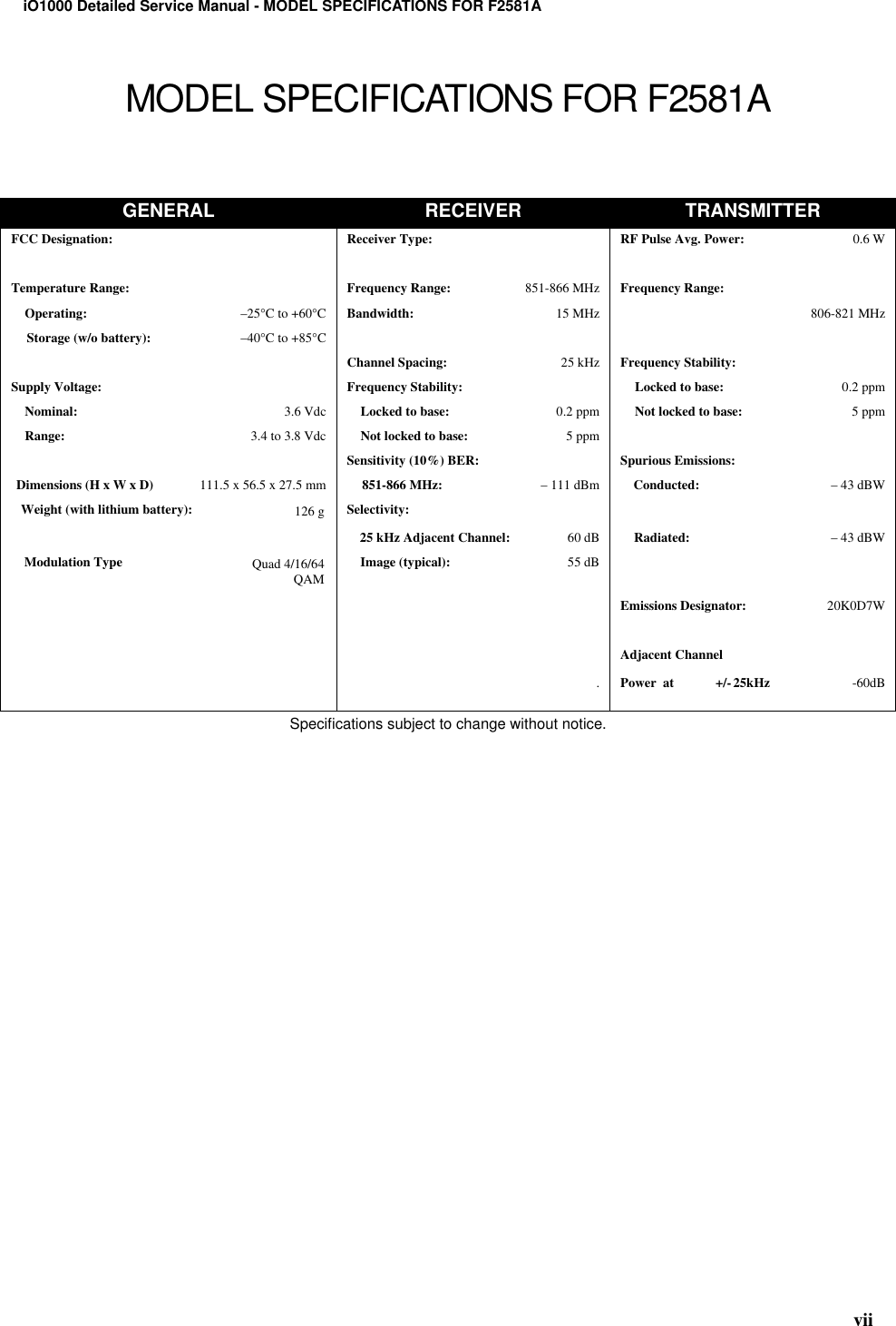  vii iO1000 Detailed Service Manual - MODEL SPECIFICATIONS FOR F2581A MODEL SPECIFICATIONS FOR F2581A Speciﬁcations subject to change without notice. GENERAL RECEIVER TRANSMITTER FCC Designation: Receiver Type: RF Pulse Avg. Power: 0.6 W Temperature Range: Frequency Range: 851-866 MHz Frequency Range:Operating: –25°C to +60°C Bandwidth: 15 MHz 806-821 MHz Storage (w/o battery): –40°C to +85°C Channel Spacing: 25 kHz Frequency Stability:Supply Voltage: Frequency Stability: Locked to base: 0.2 ppm Nominal: 3.6 Vdc Locked to base: 0.2 ppm Not locked to base: 5 ppm Range: 3.4 to 3.8 Vdc Not locked to base: 5 ppm Sensitivity (10%) BER: Spurious Emissions:Dimensions (H x W x D)               111.5 x 56.5 x 27.5 mm 851-866 MHz: – 111 dBm Conducted: – 43 dBW    Weight (with lithium battery): 126 g Selectivity:25 kHz Adjacent Channel: 60 dB Radiated: – 43 dBW     Modulation Type Quad 4/16/64QAM Image (typical): 55 dB Emissions Designator: 20K0D7W Adjacent Channel . Power  at +/- 25kHz           -60dB