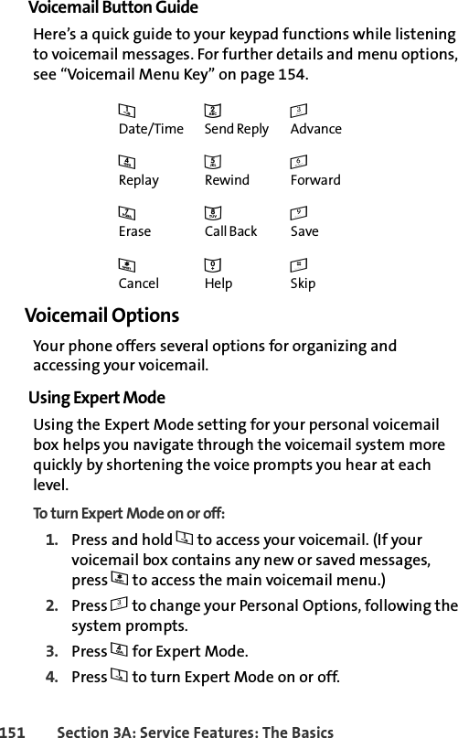 151 Section 3A: Service Features: The BasicsVoicemail Button GuideHere’s a quick guide to your keypad functions while listening to voicemail messages. For further details and menu options, see “Voicemail Menu Key” on page 154.123Date/Time Send Reply Advance456Replay Rewind Forward789Erase Call Back Save*0#Cancel Help SkipVoicemail OptionsYour phone offers several options for organizing and accessing your voicemail.Using Expert ModeUsing the Expert Mode setting for your personal voicemail box helps you navigate through the voicemail system more quickly by shortening the voice prompts you hear at each level.To turn Expert Mode on or off:1. Press and hold 1 to access your voicemail. (If your voicemail box contains any new or saved messages, press * to access the main voicemail menu.)2. Press 3 to change your Personal Options, following the system prompts.3. Press 4 for Expert Mode.4. Press 1 to turn Expert Mode on or off.