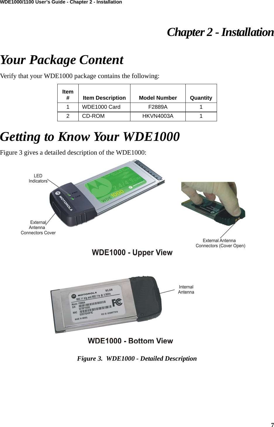 7WDE1000/1100 User’s Guide - Chapter 2 - InstallationChapter 2 - InstallationYour Package ContentVerify that your WDE1000 package contains the following:Getting to Know Your WDE1000Figure 3 gives a detailed description of the WDE1000:Figure 3.  WDE1000 - Detailed DescriptionItem # Item Description Model Number Quantity1 WDE1000 Card F2889A 12 CD-ROM HKVN4003A 1