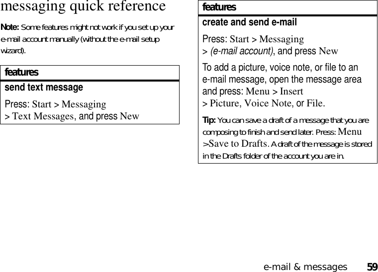 59e-mail &amp; messagesmessaging quick referenceNote: Some features might not work if you set up your e-mail account manually (without the e-mail setup wizard).featuressend text messagePress: Start &gt;Messaging &gt;Text Messages, and pressNewcreate and send e-mailPress: Start &gt;Messaging &gt;(e-mail account), and pressNewTo add a picture, voice note, or file to an e-mail message, open the message area and press: Menu &gt;Insert &gt;Picture,Voice Note,or File.Tip: You can save a draft of a message that you are composing to finish and send later. Press: Menu &gt;Save to Drafts. A draft of the message is stored in the Drafts folder of the account you are in.features