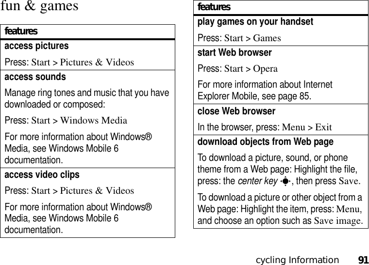 cycling Information91fun &amp; gamesfeaturesaccess picturesPress: Start &gt;Pictures &amp; Videosaccess soundsManage ring tones and music that you have downloaded or composed:Press: Start &gt;Windows MediaFor more information about Windows® Media, see Windows Mobile 6 documentation.access video clipsPress: Start &gt;Pictures &amp; VideosFor more information about Windows® Media, see Windows Mobile 6 documentation.play games on your handsetPress: Start &gt;Gamesstart Web browserPress: Start &gt;OperaFor more information about Internet Explorer Mobile, see page 85.close Web browserIn the browser, press: Menu &gt;Exitdownload objects from Web page To download a picture, sound, or phone theme from a Web page: Highlight the file, press: the center keys, then pressSave.To download a picture or other object from a Web page: Highlight the item, press: Menu, and choose an option such as Save image.features