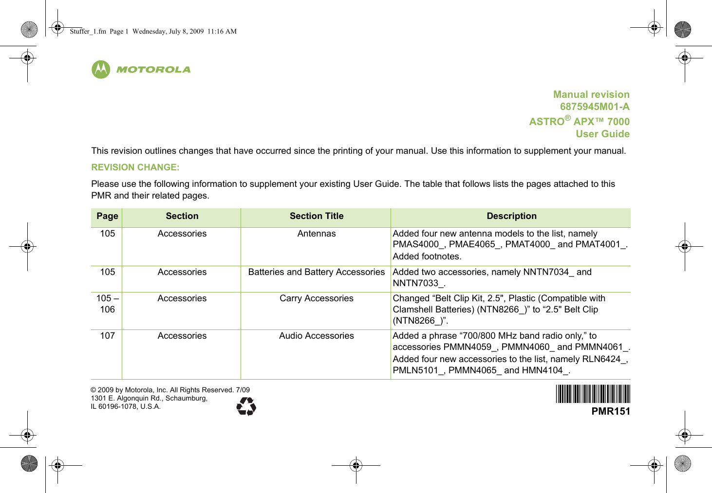 English*PMR151*© 2009 by Motorola, Inc. All Rights Reserved. 7/091301 E. Algonquin Rd., Schaumburg,IL 60196-1078, U.S.A. PMR151mManual revision6875945M01-AASTRO® APX™ 7000User GuideThis revision outlines changes that have occurred since the printing of your manual. Use this information to supplement your manual.REVISION CHANGE:Please use the following information to supplement your existing User Guide. The table that follows lists the pages attached to this PMR and their related pages.Page Section Section Title Description105 Accessories Antennas Added four new antenna models to the list, namely PMAS4000_, PMAE4065_, PMAT4000_ and PMAT4001_.Added footnotes.105 Accessories Batteries and Battery Accessories Added two accessories, namely NNTN7034_ and NNTN7033_.105 – 106Accessories Carry Accessories Changed “Belt Clip Kit, 2.5&quot;, Plastic (Compatible with Clamshell Batteries) (NTN8266_)” to “2.5&quot; Belt Clip (NTN8266_)”.107 Accessories Audio Accessories Added a phrase “700/800 MHz band radio only,” to accessories PMMN4059_, PMMN4060_ and PMMN4061_.Added four new accessories to the list, namely RLN6424_, PMLN5101_, PMMN4065_ and HMN4104_. Stuffer_1.fm  Page 1  Wednesday, July 8, 2009  11:16 AM