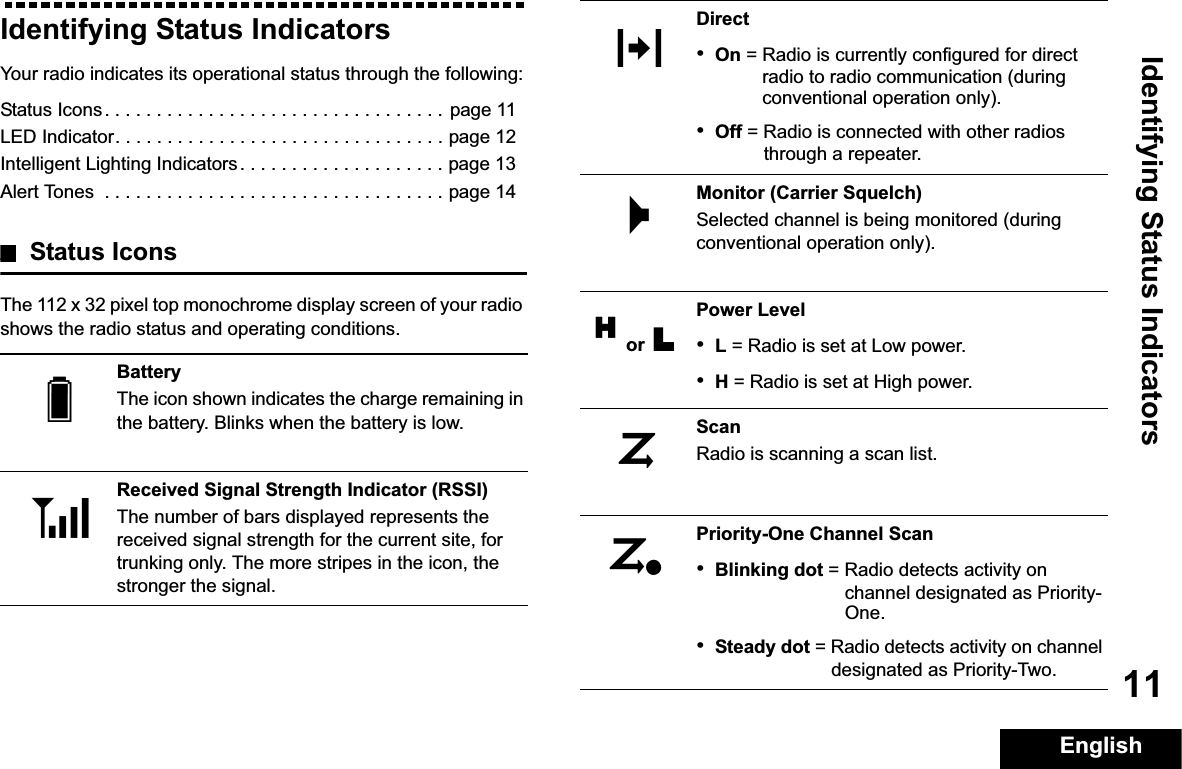 Identifying Status IndicatorsEnglish11Identifying Status IndicatorsYour radio indicates its operational status through the following:Status Icons. . . . . . . . . . . . . . . . . . . . . . . . . . . . . . . . . page 11LED Indicator. . . . . . . . . . . . . . . . . . . . . . . . . . . . . . . . page 12Intelligent Lighting Indicators. . . . . . . . . . . . . . . . . . . . page 13Alert Tones  . . . . . . . . . . . . . . . . . . . . . . . . . . . . . . . . . page 14Status IconsThe 112 x 32 pixel top monochrome display screen of your radio shows the radio status and operating conditions.BatteryThe icon shown indicates the charge remaining in the battery. Blinks when the battery is low.Received Signal Strength Indicator (RSSI)The number of bars displayed represents the received signal strength for the current site, for trunking only. The more stripes in the icon, the stronger the signal.UVDirect•On = Radio is currently configured for direct radio to radio communication (during conventional operation only).•Off = Radio is connected with other radios through a repeater.Monitor (Carrier Squelch)Selected channel is being monitored (during conventional operation only).Power Level•L = Radio is set at Low power.•H = Radio is set at High power.ScanRadio is scanning a scan list.Priority-One Channel Scan•Blinking dot = Radio detects activity on channel designated as Priority-One.•Steady dot = Radio detects activity on channel designated as Priority-Two.NMHor LJj