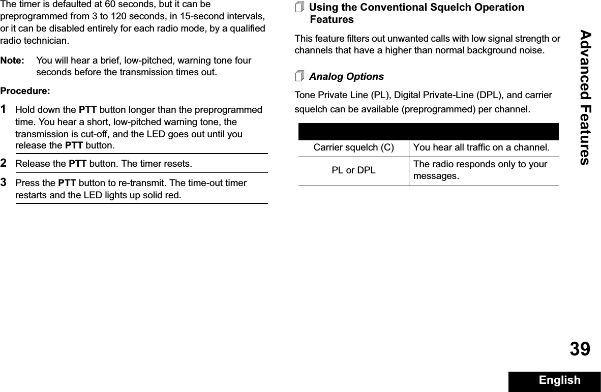 Advanced FeaturesEnglish39The timer is defaulted at 60 seconds, but it can be preprogrammed from 3 to 120 seconds, in 15-second intervals, or it can be disabled entirely for each radio mode, by a qualified radio technician.Note: You will hear a brief, low-pitched, warning tone four seconds before the transmission times out.Procedure: 1Hold down the PTT button longer than the preprogrammed time. You hear a short, low-pitched warning tone, the transmission is cut-off, and the LED goes out until you release the PTT button.2Release the PTT button. The timer resets.3Press the PTT button to re-transmit. The time-out timer restarts and the LED lights up solid red.Using the Conventional Squelch Operation FeaturesThis feature filters out unwanted calls with low signal strength or channels that have a higher than normal background noise.Analog OptionsTone Private Line (PL), Digital Private-Line (DPL), and carrier squelch can be available (preprogrammed) per channel.Mode ResultCarrier squelch (C) You hear all traffic on a channel.PL or DPL The radio responds only to your messages.
