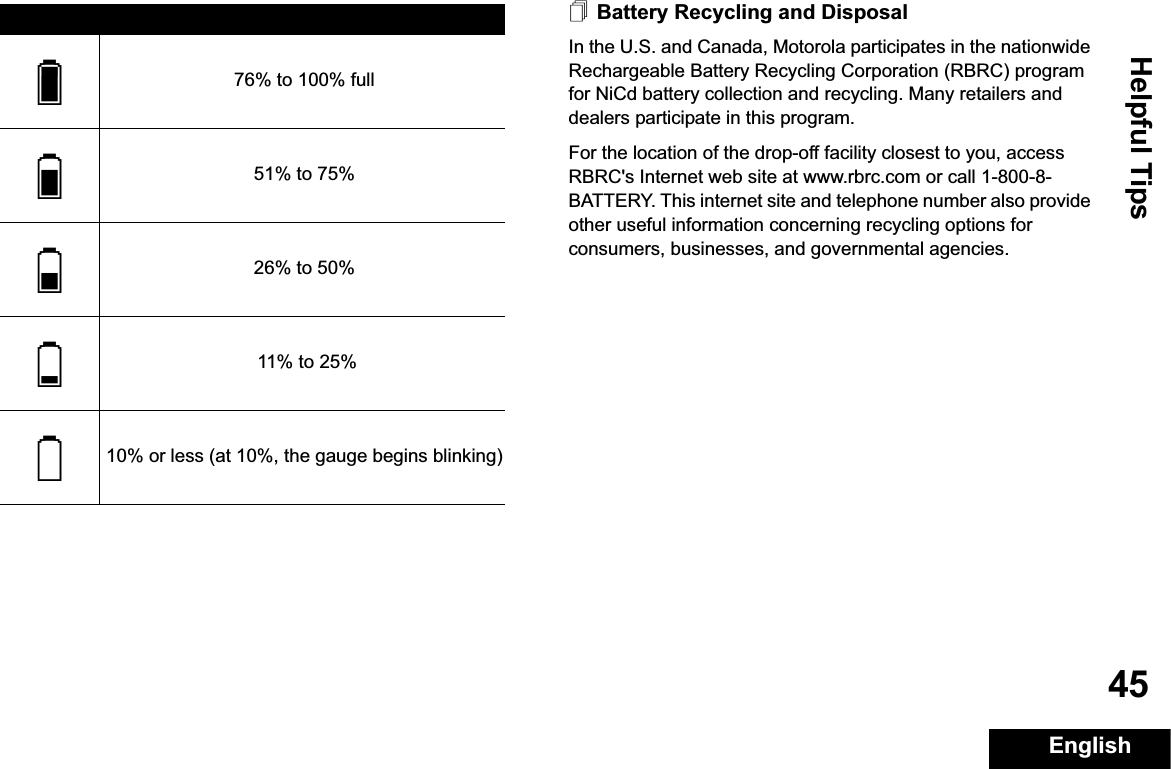 Helpful TipsEnglish45Battery Recycling and DisposalIn the U.S. and Canada, Motorola participates in the nationwide Rechargeable Battery Recycling Corporation (RBRC) program for NiCd battery collection and recycling. Many retailers and dealers participate in this program.For the location of the drop-off facility closest to you, access RBRC&apos;s Internet web site at www.rbrc.com or call 1-800-8-BATTERY. This internet site and telephone number also provide other useful information concerning recycling options for consumers, businesses, and governmental agencies.Gauge Battery Charge76% to 100% full51% to 75%26% to 50% 11% to 25%10% or less (at 10%, the gauge begins blinking)UTSRQ