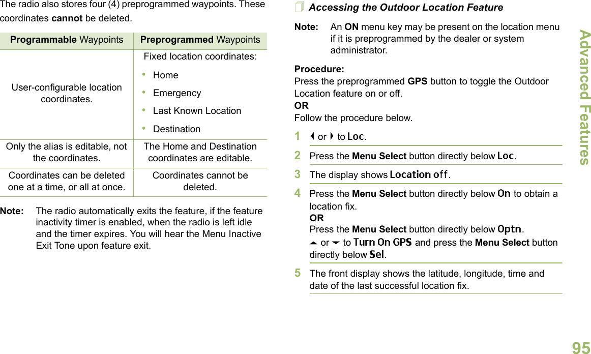 Advanced FeaturesEnglish95The radio also stores four (4) preprogrammed waypoints. These coordinates cannot be deleted.Note: The radio automatically exits the feature, if the feature inactivity timer is enabled, when the radio is left idle and the timer expires. You will hear the Menu Inactive Exit Tone upon feature exit.Accessing the Outdoor Location FeatureNote: An ON menu key may be present on the location menu if it is preprogrammed by the dealer or system administrator.Procedure:Press the preprogrammed GPS button to toggle the Outdoor Location feature on or off.ORFollow the procedure below.1&lt; or &gt; to Loc.2Press the Menu Select button directly below Loc.3The display shows Location off.4Press the Menu Select button directly below On to obtain a location fix.ORPress the Menu Select button directly below Optn.U or D to Turn On GPS and press the Menu Select button directly below Sel.5The front display shows the latitude, longitude, time and date of the last successful location fix.Programmable Waypoints Preprogrammed WaypointsUser-configurable location coordinates.Fixed location coordinates:•Home•Emergency•Last Known Location•DestinationOnly the alias is editable, not the coordinates.The Home and Destination coordinates are editable.Coordinates can be deleted one at a time, or all at once.Coordinates cannot be deleted.