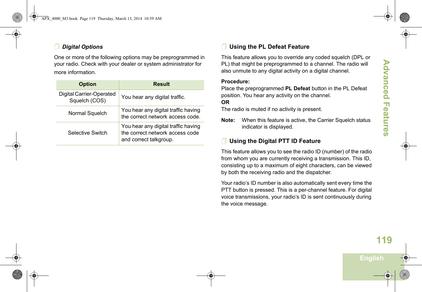 Advanced FeaturesEnglish119Digital OptionsOne or more of the following options may be preprogrammed in your radio. Check with your dealer or system administrator for more information.Using the PL Defeat FeatureThis feature allows you to override any coded squelch (DPL or PL) that might be preprogrammed to a channel. The radio will also unmute to any digital activity on a digital channel.Procedure: Place the preprogrammed PL Defeat button in the PL Defeat position. You hear any activity on the channel. ORThe radio is muted if no activity is present.Note: When this feature is active, the Carrier Squelch status indicator is displayed.Using the Digital PTT ID FeatureThis feature allows you to see the radio ID (number) of the radio from whom you are currently receiving a transmission. This ID, consisting up to a maximum of eight characters, can be viewed by both the receiving radio and the dispatcher.Your radio’s ID number is also automatically sent every time the PTT button is pressed. This is a per-channel feature. For digital voice transmissions, your radio’s ID is sent continuously during the voice message.Option ResultDigital Carrier-Operated Squelch (COS) You hear any digital traffic.Normal Squelch You hear any digital traffic having the correct network access code.Selective SwitchYou hear any digital traffic having the correct network access code and correct talkgroup.APX_4000_M3.book  Page 119  Thursday, March 13, 2014  10:59 AM