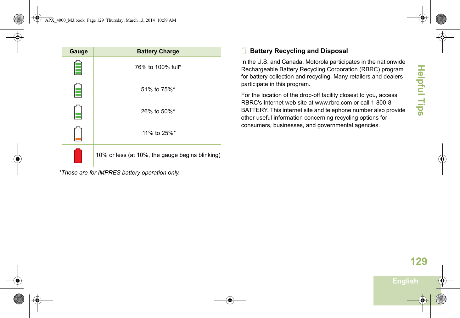 Helpful TipsEnglish129*These are for IMPRES battery operation only.Battery Recycling and DisposalIn the U.S. and Canada, Motorola participates in the nationwide Rechargeable Battery Recycling Corporation (RBRC) program for battery collection and recycling. Many retailers and dealers participate in this program.For the location of the drop-off facility closest to you, access RBRC&apos;s Internet web site at www.rbrc.com or call 1-800-8-BATTERY. This internet site and telephone number also provide other useful information concerning recycling options for consumers, businesses, and governmental agencies.Gauge Battery Charge76% to 100% full*51% to 75%*26% to 50%* 11% to 25%*10% or less (at 10%, the gauge begins blinking)APX_4000_M3.book  Page 129  Thursday, March 13, 2014  10:59 AM