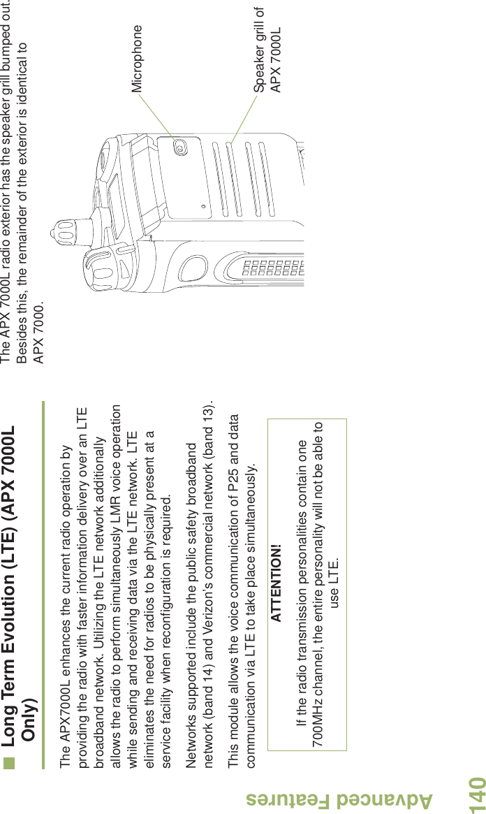 Advanced FeaturesEnglish140Long Term Evolution (LTE) (APX 7000L Only)The APX7000L enhances the current radio operation by providing the radio with faster information delivery over an LTE broadband network. Utilizing the LTE network additionally allows the radio to perform simultaneously LMR voice operation while sending and receiving data via the LTE network. LTE eliminates the need for radios to be physically present at a service facility when reconfiguration is required.Networks supported include the public safety broadband network (band 14) and Verizon’s commercial network (band 13).This module allows the voice communication of P25 and data communication via LTE to take place simultaneously.The APX 7000L radio exterior has the speaker grill bumped out. Besides this, the remainder of the exterior is identical to APX 7000. ATTENTION!If the radio transmission personalities contain one 700MHz channel, the entire personality will not be able to use LTE.Speaker grill of APX 7000LMicrophone