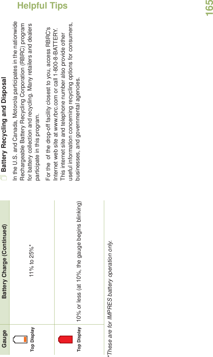 Helpful TipsEnglish165*These are for IMPRES battery operation only.Battery Recycling and DisposalIn the U.S. and Canada, Motorola participates in the nationwide Rechargeable Battery Recycling Corporation (RBRC) program for battery collection and recycling. Many retailers and dealers participate in this program.For the  of the drop-off facility closest to you, access RBRC&apos;s Internet web site at www.rbrc.com or call 1-800-8-BATTERY. This internet site and telephone number also provide other useful information concerning recycling options for consumers, businesses, and governmental agencies. 11% to 25%*10% or less (at 10%, the gauge begins blinking)Gauge  Battery Charge (Continued)Top DisplayTop Display