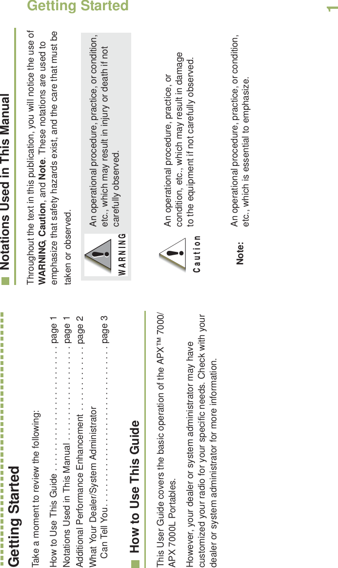 Getting StartedEnglish1Getting StartedTake a moment to review the following:How to Use This Guide . . . . . . . . . . . . . . . . . . . . . . . . . page 1Notations Used in This Manual . . . . . . . . . . . . . . . . . . . page 1Additional Performance Enhancement . . . . . . . . . . . . . page 2What Your Dealer/System Administrator Can Tell You. . . . . . . . . . . . . . . . . . . . . . . . . . . . . . . . page 3How to Use This GuideThis User Guide covers the basic operation of the APX™ 7000/APX 7000L Portables.However, your dealer or system administrator may have customized your radio for your specific needs. Check with your dealer or system administrator for more information.Notations Used in This ManualThroughout the text in this publication, you will notice the use of WARNING, Caution, and Note. These notations are used to emphasize that safety hazards exist, and the care that must be taken or observed.An operational procedure, practice, or condition, etc., which may result in injury or death if not carefully observed.An operational procedure, practice, or condition, etc., which may result in damage to the equipment if not carefully observed.Note: An operational procedure, practice, or condition, etc., which is essential to emphasize.!!!