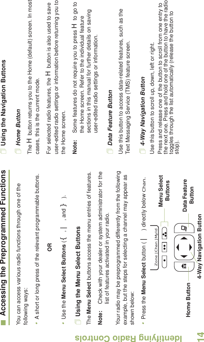 Identifying Radio ControlsEnglish14Accessing the Preprogrammed FunctionsYou can access various radio functions through one of the following ways:•A short or long press of the relevant programmable buttons.OR•Use the Menu Select Buttons ({, |, and }).Using the Menu Select ButtonsThe Menu Select buttons access the menu entries of features.Note: Check with your dealer or system administrator for the list of features activated in your radio.Your radio may be preprogrammed differently from the following example, but the steps for selecting a channel may appear as shown below:•Press the Menu Select button ( | ) directly below Chan.Using the Navigation ButtonsHome ButtonThe H button returns you to the Home (default) screen. In most cases, this is the current mode.For selected radio features, the H button is also used to save user-edited radio settings or information before returning you to the Home screen.Note: Some features do not require you to press H to go to the Home screen. Refer to the individual feature sections in this manual for further details on saving user-edited radio settings or information.Data Feature ButtonUse this button to access data-related features, such as the Text Messaging Service (TMS) feature screen.4-Way Navigation ButtonUse this button to scroll up, down, left or right.Press and release one of the button to scroll from one entry to the next one. Press and hold one of the button to have the radio toggles through the list automatically (release the button to stop).Data Feature Button 4-Way Navigation ButtonHome Button  Zone | Chan | MyId Menu Select Buttons