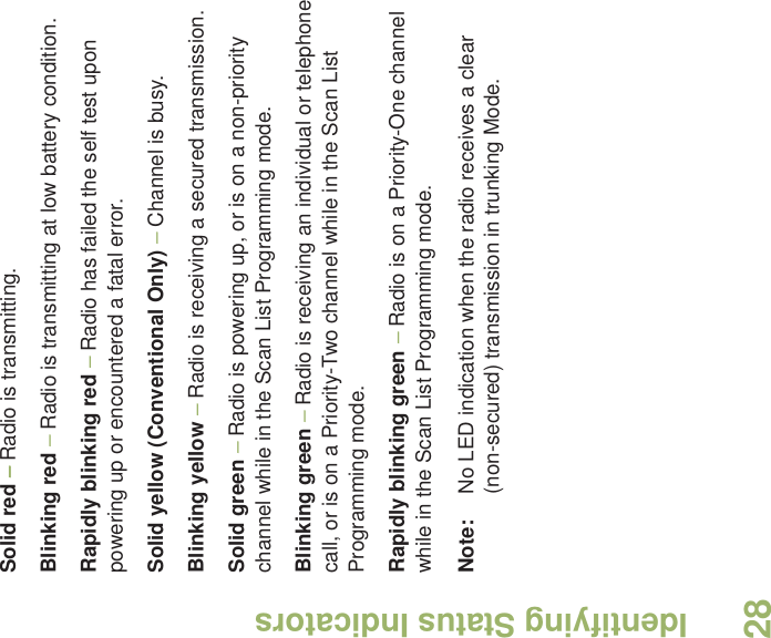 Identifying Status IndicatorsEnglish28Solid red – Radio is transmitting.Blinking red – Radio is transmitting at low battery condition.Rapidly blinking red – Radio has failed the self test upon powering up or encountered a fatal error.Solid yellow (Conventional Only) – Channel is busy.Blinking yellow – Radio is receiving a secured transmission.Solid green – Radio is powering up, or is on a non-priority channel while in the Scan List Programming mode.Blinking green – Radio is receiving an individual or telephone call, or is on a Priority-Two channel while in the Scan List Programming mode.Rapidly blinking green – Radio is on a Priority-One channel while in the Scan List Programming mode.Note: No LED indication when the radio receives a clear (non-secured) transmission in trunking Mode.