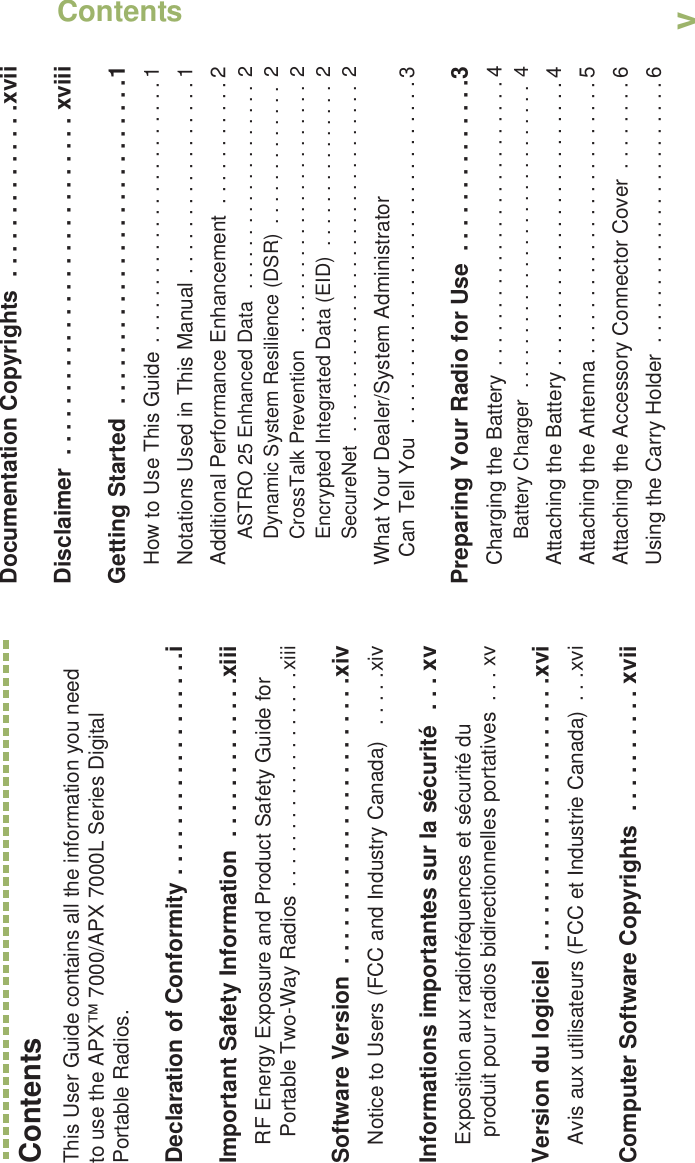 ContentsEnglishvContentsThis User Guide contains all the information you need to use the APX™ 7000/APX 7000L Series Digital Portable Radios.Declaration of Conformity . . . . . . . . . . . . . . . . . .iImportant Safety Information  . . . . . . . . . . . . .xiiiRF Energy Exposure and Product Safety Guide for Portable Two-Way Radios . . . . . . . . . . . . . . . . . . .xiiiSoftware Version  . . . . . . . . . . . . . . . . . . . . . . .xivNotice to Users (FCC and Industry Canada)   . . . . .xivInformations importantes sur la sécurité  . . . xvExposition aux radiofréquences et sécurité du produit pour radios bidirectionnelles portatives  . . . xvVersion du logiciel . . . . . . . . . . . . . . . . . . . . . .xviAvis aux utilisateurs (FCC et Industrie Canada)  . . .xviComputer Software Copyrights  . . . . . . . . . . xviiDocumentation Copyrights  . . . . . . . . . . . . . .xviiDisclaimer  . . . . . . . . . . . . . . . . . . . . . . . . . . . xviiiGetting Started  . . . . . . . . . . . . . . . . . . . . . . . . . .1How to Use This Guide . . . . . . . . . . . . . . . . . . . . . . . 1Notations Used in This Manual . . . . . . . . . . . . . . . . . 1Additional Performance Enhancement  . . . . . . . . . . . 2ASTRO 25 Enhanced Data  . . . . . . . . . . . . . . . . . . .  2Dynamic System Resilience (DSR)  . . . . . . . . . . . . .  2CrossTalk Prevention   . . . . . . . . . . . . . . . . . . . . . . . 2Encrypted Integrated Data (EID)  . . . . . . . . . . . . . . . 2SecureNet  . . . . . . . . . . . . . . . . . . . . . . . . . . . . . . . .  2What Your Dealer/System AdministratorCan Tell You  . . . . . . . . . . . . . . . . . . . . . . . . . . . . . . 3Preparing Your Radio for Use  . . . . . . . . . . . . . .3Charging the Battery . . . . . . . . . . . . . . . . . . . . . . . . . 4Battery Charger  . . . . . . . . . . . . . . . . . . . . . . . . . . . . 4Attaching the Battery . . . . . . . . . . . . . . . . . . . . . . . . . 4Attaching the Antenna . . . . . . . . . . . . . . . . . . . . . . . . 5Attaching the Accessory Connector Cover  . . . . . . . . 6Using the Carry Holder  . . . . . . . . . . . . . . . . . . . . . . . 6