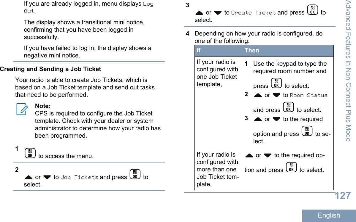 If you are already logged in, menu displays LogOut.The display shows a transitional mini notice,confirming that you have been logged insuccessfully.If you have failed to log in, the display shows anegative mini notice.Creating and Sending a Job TicketYour radio is able to create Job Tickets, which isbased on a Job Ticket template and send out tasksthat need to be performed.Note:CPS is required to configure the Job Tickettemplate. Check with your dealer or systemadministrator to determine how your radio hasbeen programmed.1 to access the menu.2 or   to Job Tickets and press   toselect.3 or   to Create Ticket and press   toselect.4Depending on how your radio is configured, doone of the following:If ThenIf your radio isconfigured withone Job Tickettemplate,1Use the keypad to type therequired room number andpress   to select.2 or   to Room Statusand press   to select.3 or   to the requiredoption and press   to se-lect.If your radio isconfigured withmore than oneJob Ticket tem-plate, or   to the required op-tion and press   to select.Advanced Features in Non-Connect Plus Mode127English