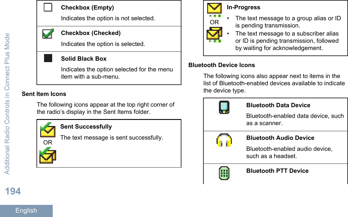 Checkbox (Empty)Indicates the option is not selected.Checkbox (Checked)Indicates the option is selected.Solid Black BoxIndicates the option selected for the menuitem with a sub-menu.Sent Item IconsThe following icons appear at the top right corner ofthe radio’s display in the Sent Items folder.ORSent SuccessfullyThe text message is sent successfully.ORIn-Progress• The text message to a group alias or IDis pending transmission.• The text message to a subscriber aliasor ID is pending transmission, followedby waiting for acknowledgement.Bluetooth Device IconsThe following icons also appear next to items in thelist of Bluetooth-enabled devices available to indicatethe device type.Bluetooth Data DeviceBluetooth-enabled data device, suchas a scanner.Bluetooth Audio DeviceBluetooth-enabled audio device,such as a headset.Bluetooth PTT DeviceAdditional Radio Controls in Connect Plus Mode194English