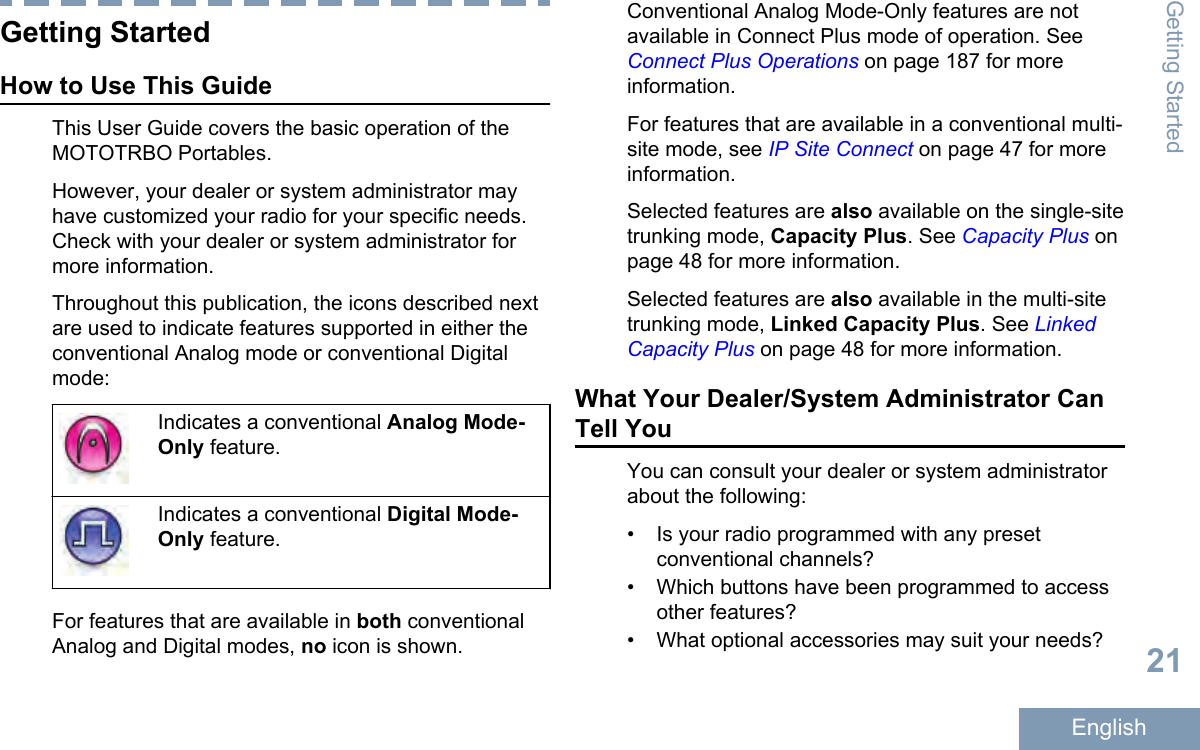 Getting StartedHow to Use This GuideThis User Guide covers the basic operation of theMOTOTRBO Portables.However, your dealer or system administrator mayhave customized your radio for your specific needs.Check with your dealer or system administrator formore information.Throughout this publication, the icons described nextare used to indicate features supported in either theconventional Analog mode or conventional Digitalmode:Indicates a conventional Analog Mode-Only feature.Indicates a conventional Digital Mode-Only feature.For features that are available in both conventionalAnalog and Digital modes, no icon is shown.Conventional Analog Mode-Only features are notavailable in Connect Plus mode of operation. See Connect Plus Operations on page 187 for moreinformation.For features that are available in a conventional multi-site mode, see IP Site Connect on page 47 for moreinformation.Selected features are also available on the single-sitetrunking mode, Capacity Plus. See Capacity Plus onpage 48 for more information.Selected features are also available in the multi-sitetrunking mode, Linked Capacity Plus. See LinkedCapacity Plus on page 48 for more information.What Your Dealer/System Administrator CanTell YouYou can consult your dealer or system administratorabout the following:• Is your radio programmed with any presetconventional channels?• Which buttons have been programmed to accessother features?•What optional accessories may suit your needs?Getting Started21English