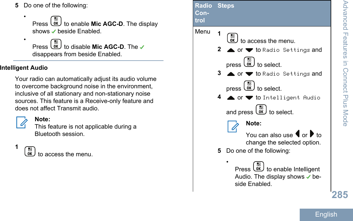 5Do one of the following:•Press   to enable Mic AGC-D. The displayshows   beside Enabled.•Press   to disable Mic AGC-D. The disappears from beside Enabled.Intelligent AudioYour radio can automatically adjust its audio volumeto overcome background noise in the environment,inclusive of all stationary and non-stationary noisesources. This feature is a Receive-only feature anddoes not affect Transmit audio.Note:This feature is not applicable during aBluetooth session.1 to access the menu.RadioCon-trolStepsMenu 1 to access the menu.2 or   to Radio Settings andpress   to select.3 or   to Radio Settings andpress   to select.4 or   to Intelligent Audioand press   to select.Note:You can also use   or   tochange the selected option.5Do one of the following:•Press   to enable IntelligentAudio. The display shows   be-side Enabled.Advanced Features in Connect Plus Mode285English