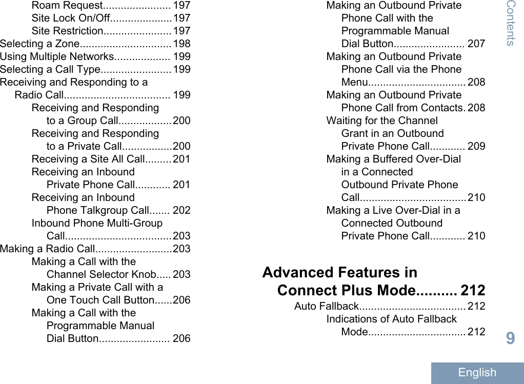 Roam Request....................... 197Site Lock On/Off.....................197Site Restriction.......................197Selecting a Zone...............................198Using Multiple Networks................... 199Selecting a Call Type........................199Receiving and Responding to aRadio Call.................................... 199Receiving and Respondingto a Group Call..................200Receiving and Respondingto a Private Call.................200Receiving a Site All Call.........201Receiving an InboundPrivate Phone Call............ 201Receiving an InboundPhone Talkgroup Call....... 202Inbound Phone Multi-GroupCall....................................203Making a Radio Call..........................203Making a Call with theChannel Selector Knob..... 203Making a Private Call with aOne Touch Call Button......206Making a Call with theProgrammable ManualDial Button........................ 206Making an Outbound PrivatePhone Call with theProgrammable ManualDial Button........................ 207Making an Outbound PrivatePhone Call via the PhoneMenu................................. 208Making an Outbound PrivatePhone Call from Contacts. 208Waiting for the ChannelGrant in an OutboundPrivate Phone Call............ 209Making a Buffered Over-Dialin a ConnectedOutbound Private PhoneCall....................................210Making a Live Over-Dial in aConnected OutboundPrivate Phone Call............ 210Advanced Features inConnect Plus Mode.......... 212Auto Fallback.................................... 212Indications of Auto FallbackMode................................. 212Contents9English