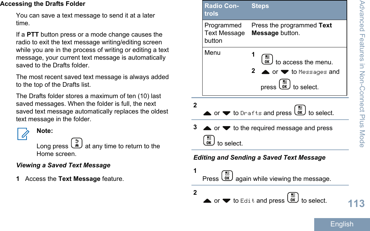 Accessing the Drafts FolderYou can save a text message to send it at a latertime.If a PTT button press or a mode change causes theradio to exit the text message writing/editing screenwhile you are in the process of writing or editing a textmessage, your current text message is automaticallysaved to the Drafts folder.The most recent saved text message is always addedto the top of the Drafts list.The Drafts folder stores a maximum of ten (10) lastsaved messages. When the folder is full, the nextsaved text message automatically replaces the oldesttext message in the folder.Note:Long press   at any time to return to theHome screen.Viewing a Saved Text Message1Access the Text Message feature.Radio Con-trolsStepsProgrammedText MessagebuttonPress the programmed TextMessage button.Menu 1 to access the menu.2 or   to Messages andpress   to select.2 or   to Drafts and press   to select.3 or   to the required message and press to select.Editing and Sending a Saved Text Message1Press   again while viewing the message.2 or   to Edit and press   to select.Advanced Features in Non-Connect Plus Mode113English