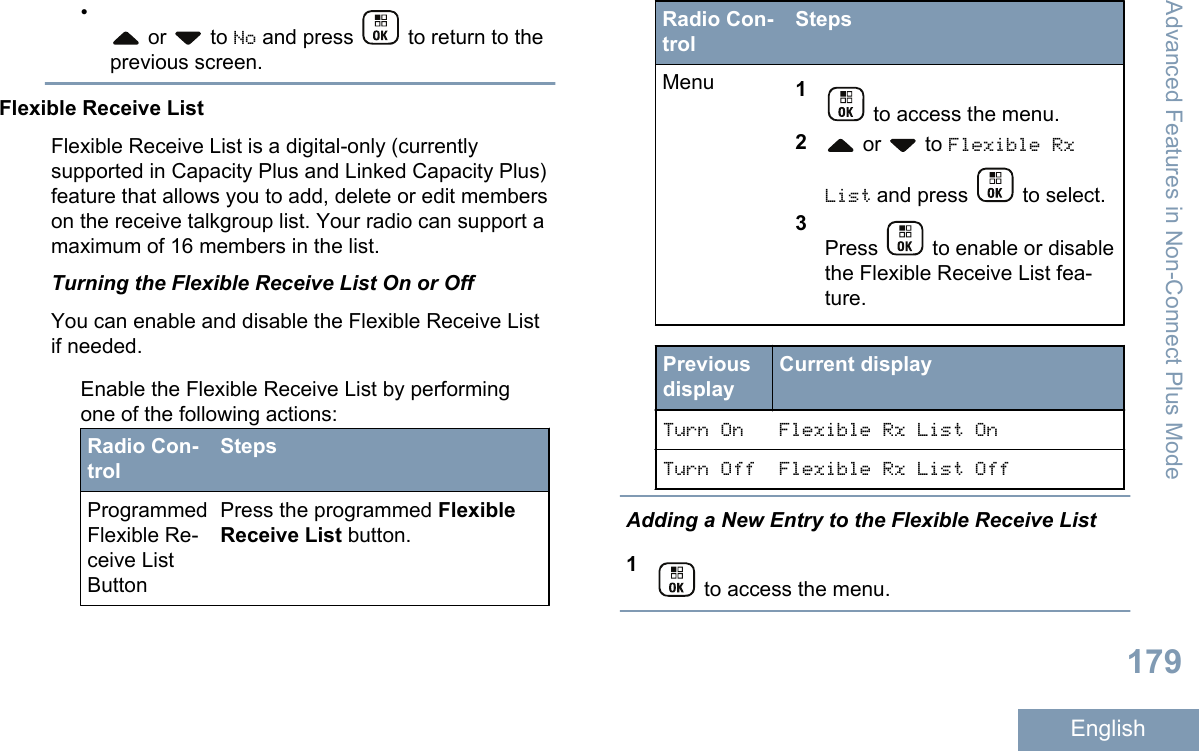 • or   to No and press   to return to theprevious screen.Flexible Receive ListFlexible Receive List is a digital-only (currentlysupported in Capacity Plus and Linked Capacity Plus)feature that allows you to add, delete or edit memberson the receive talkgroup list. Your radio can support amaximum of 16 members in the list.Turning the Flexible Receive List On or OffYou can enable and disable the Flexible Receive Listif needed.Enable the Flexible Receive List by performingone of the following actions:Radio Con-trolStepsProgrammedFlexible Re-ceive ListButtonPress the programmed FlexibleReceive List button.Radio Con-trolStepsMenu 1 to access the menu.2 or   to Flexible RxList and press   to select.3Press   to enable or disablethe Flexible Receive List fea-ture.PreviousdisplayCurrent displayTurn On Flexible Rx List OnTurn Off Flexible Rx List OffAdding a New Entry to the Flexible Receive List1 to access the menu.Advanced Features in Non-Connect Plus Mode179English