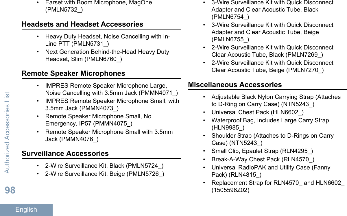 • Earset with Boom Microphone, MagOne(PMLN5732_)Headsets and Headset Accessories• Heavy Duty Headset, Noise Cancelling with In-Line PTT (PMLN5731_)• Next Generation Behind-the-Head Heavy DutyHeadset, Slim (PMLN6760_)Remote Speaker Microphones• IMPRES Remote Speaker Microphone Large,Noise Cancelling with 3.5mm Jack (PMMN4071_)• IMPRES Remote Speaker Microphone Small, with3.5mm Jack (PMMN4073_)•Remote Speaker Microphone Small, NoEmergency, IP57 (PMMN4075_)• Remote Speaker Microphone Small with 3.5mmJack (PMMN4076_)Surveillance Accessories• 2-Wire Surveillance Kit, Black (PMLN5724_)• 2-Wire Surveillance Kit, Beige (PMLN5726_)•3-Wire Surveillance Kit with Quick DisconnectAdapter and Clear Acoustic Tube, Black(PMLN6754_)• 3-Wire Surveillance Kit with Quick DisconnectAdapter and Clear Acoustic Tube, Beige(PMLN6755_)• 2-Wire Surveillance Kit with Quick DisconnectClear Acoustic Tube, Black (PMLN7269_)• 2-Wire Surveillance Kit with Quick DisconnectClear Acoustic Tube, Beige (PMLN7270_)Miscellaneous Accessories• Adjustable Black Nylon Carrying Strap (Attachesto D-Ring on Carry Case) (NTN5243_)• Universal Chest Pack (HLN6602_)•Waterproof Bag, Includes Large Carry Strap(HLN9985_)• Shoulder Strap (Attaches to D-Rings on CarryCase) (NTN5243_)• Small Clip, Epaulet Strap (RLN4295_)• Break-A-Way Chest Pack (RLN4570_)• Universal RadioPAK and Utility Case (FannyPack) (RLN4815_)• Replacement Strap for RLN4570_ and HLN6602_(1505596Z02)Authorized Accessories List98English